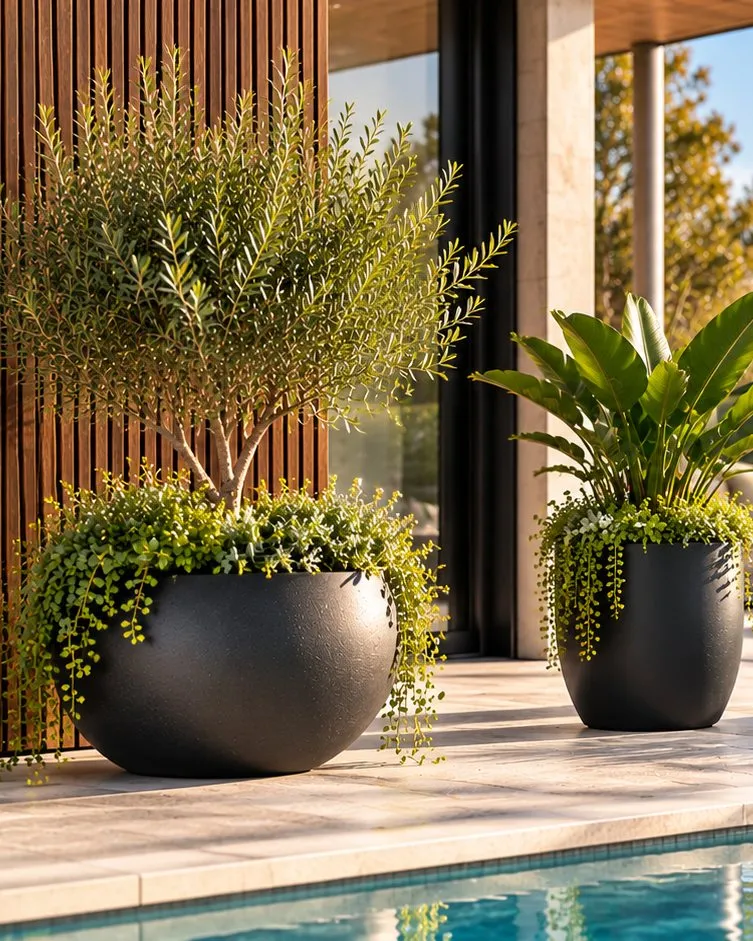 Round charcoal pots with an olive tree and tropical plants beside a pool